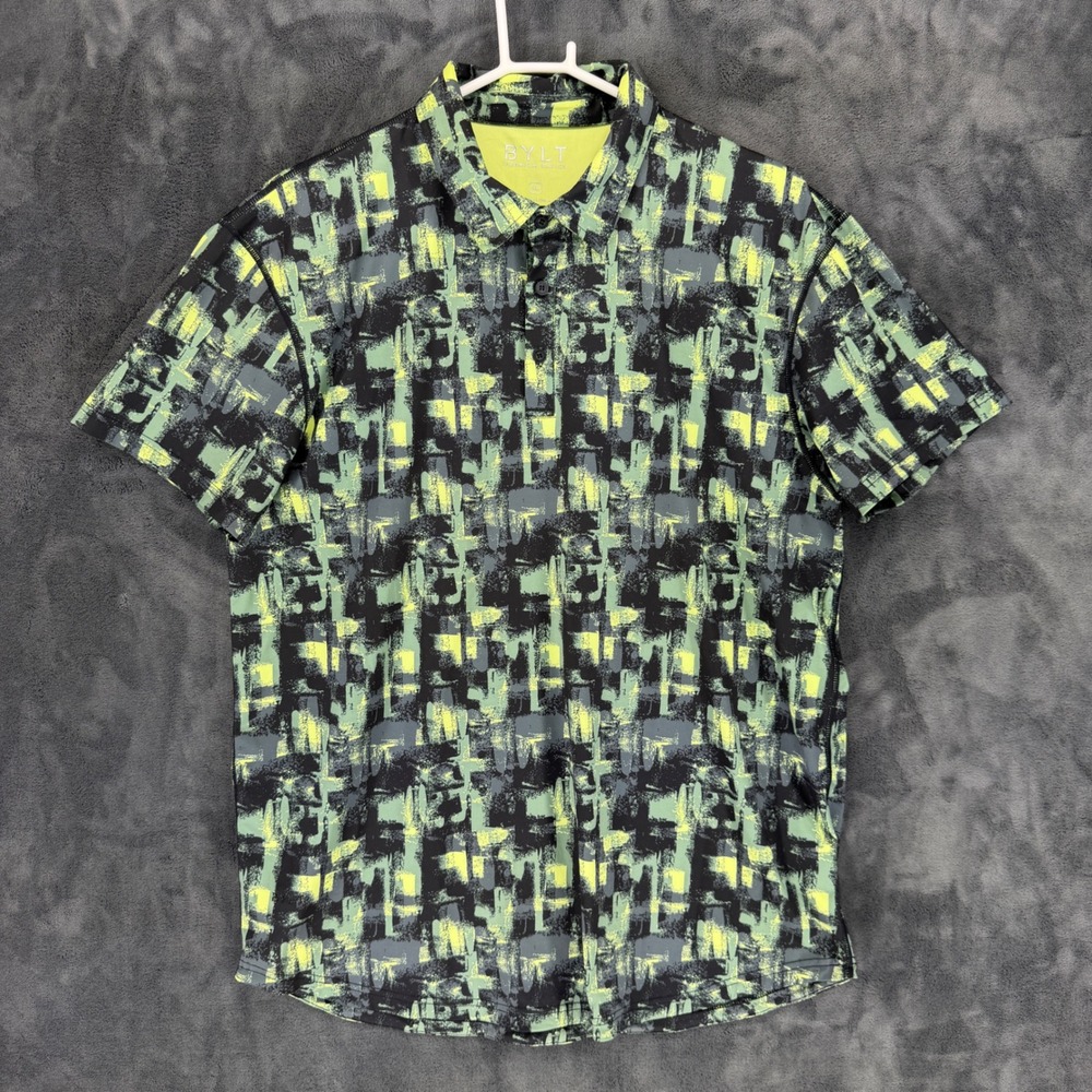 BYLT Premium Basics Men XL Performance Polo Shirt Abstract Green Black MTPOL0701